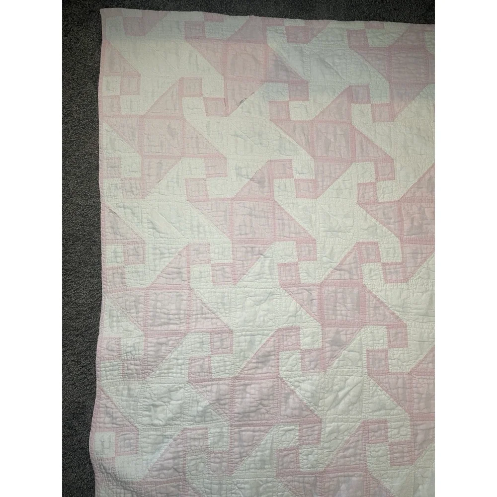 VTG ANTIQUE HANDMADE QUILT 69x69 Drunkard's Path Pink White Cottage 1920's Loved